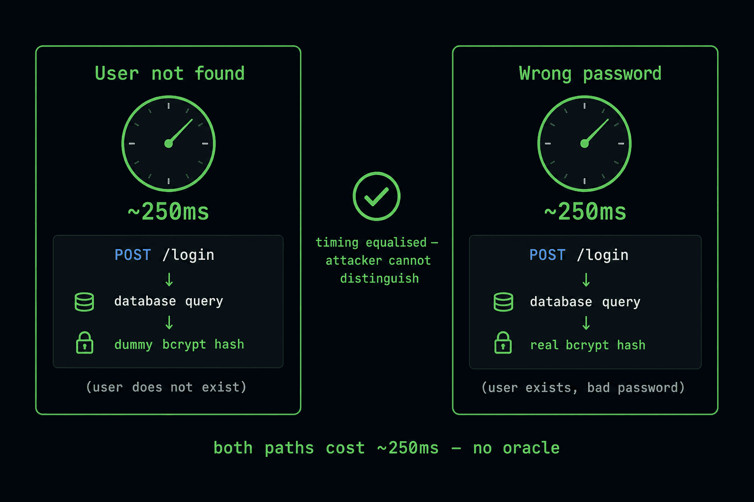 Both login failure cases now cost ~250ms — timing equalised